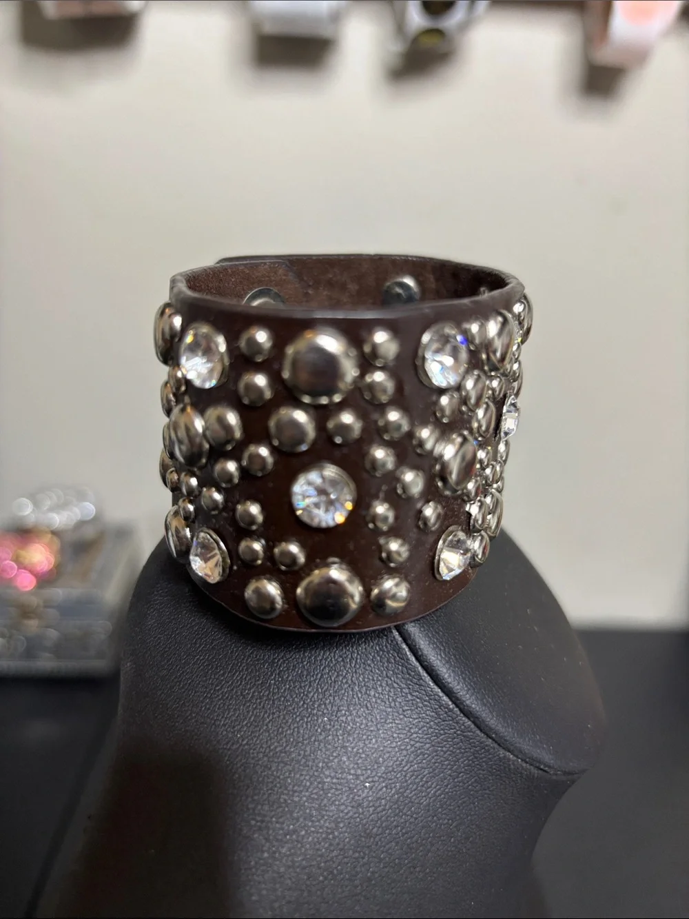 Studded Brown Leather Cuff Bracelet with Clear Crystals